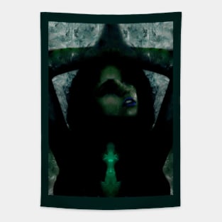 Portrait, digital collage, special processing. Beautiful but dark, like witch, woman. Tale. Green and blue. Tapestry