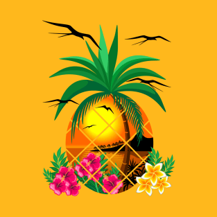 Pineapple Tropical Sunset, PalmTree and Flowers T-Shirt