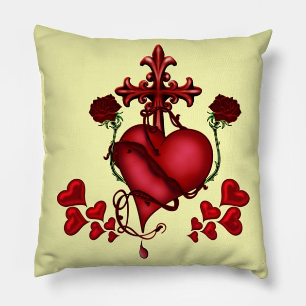 Wonderful heart with cross and roses Pillow by Nicky2342