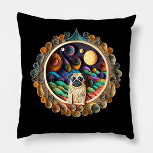 Pug Dog in Space Full Moon Planets Stars Cute Art Whimsical Pillow