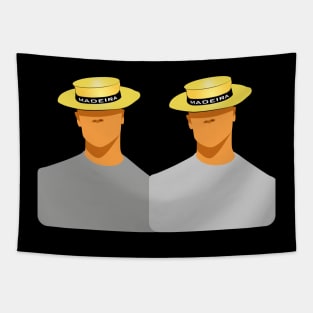 Madeira Island male couple no face illustration using the traditional straw hat Tapestry