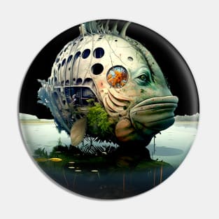 The Armored Angler: The Future of Fish on a Dark Background Pin