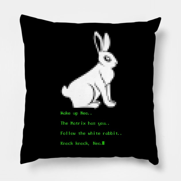 Wake up Neo, Follow the White Rabbit Pillow by Meta Cortex