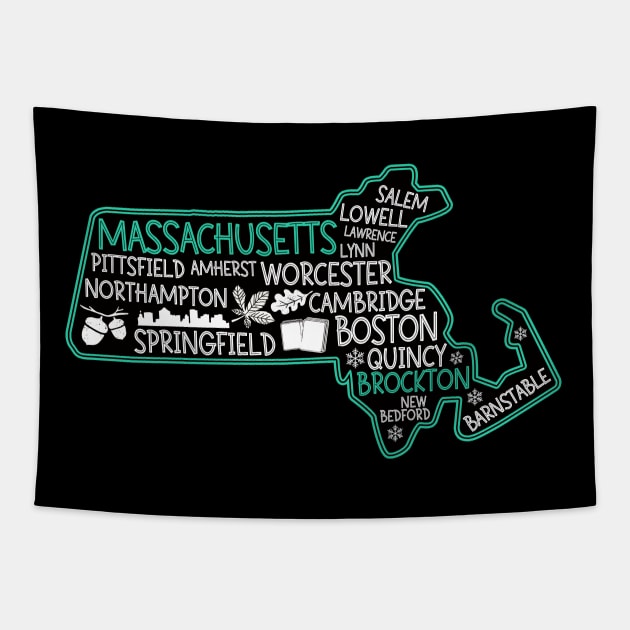 Massachusetts Brockton cute map Salem Lowell Lawrence Lynn Worcester Springfield Tapestry by BoogieCreates