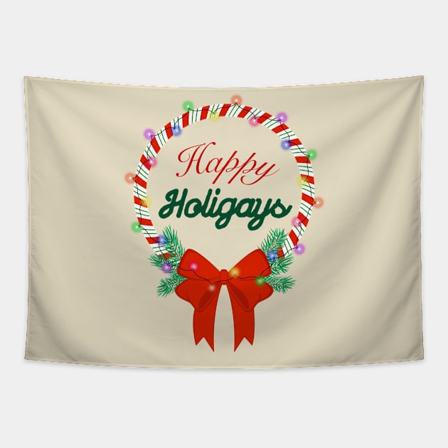 Happy Holidays Christmas Wreath T Shirt Design Tapestry by Rainbow Kin Wear