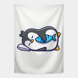 Cute penguin sleeping with fish Tapestry