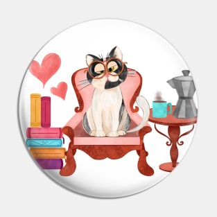 Cat, books and coffee Pin