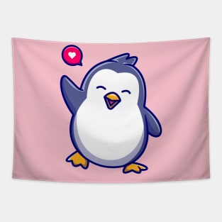 Cute Penguin Waving Hand Cartoon Tapestry