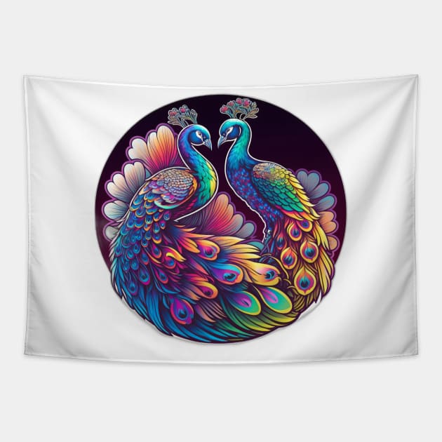 Majestic Colourful Peacocks Neon Tapestry by Remix Rick