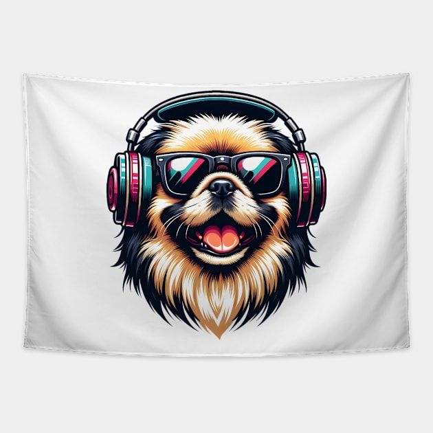 Pekingese as Smiling DJ with Headphones and Sunglasses Tapestry by ArtRUs