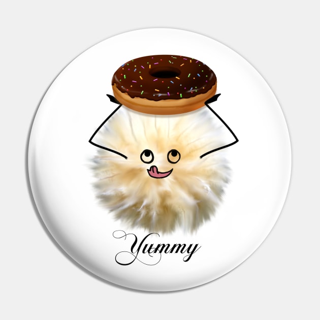 "Yummy" Fluff Ball Pin by CarolineArts