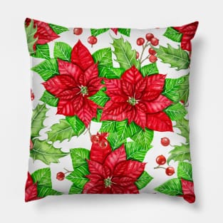 Poinsettia and holly berry watercolor Christmas pattern Pillow