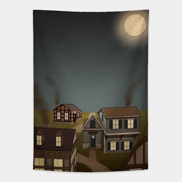 Peaceful Village Evening Tapestry by Kaotik Sketches