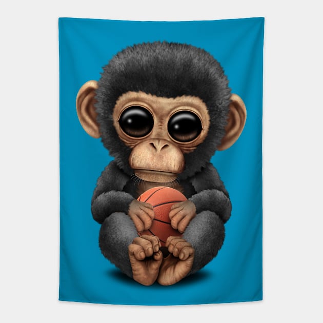 Cute Baby Chimp Playing With Basketball Tapestry by jeffbartels