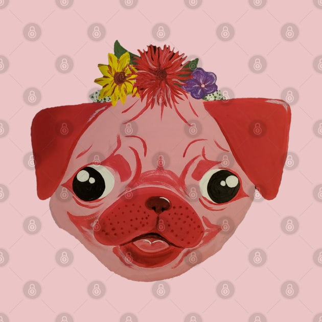 Pink Flower Crown Pug by Art by Bronwyn