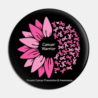 Breast cancer warrior with flower, ribbons & white type Pin