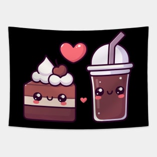 Chocolate Cake and Dark Chocolate Milkshake with a Heart | Kawaii Food Couple Art Tapestry