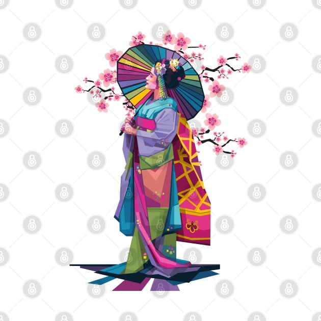 Geisha with rainbow umbrella by Alkahfsmart