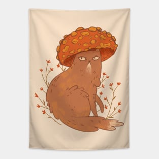 Cat Wondering In Mushroom Land Tapestry