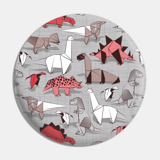 Origami dino friends // pattern // grey linen texture background red white and beige dinosaurs Pin by SelmaCardoso