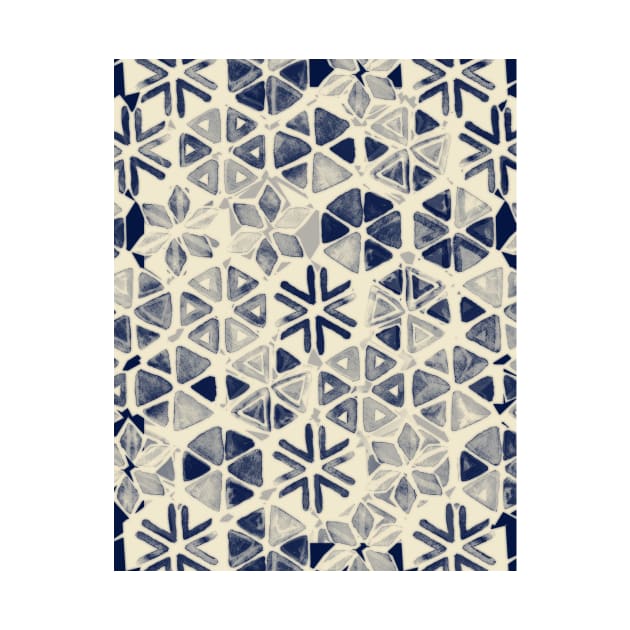 Hand Painted Triangle & Honeycomb Ink Pattern - indigo & cream by micklyn