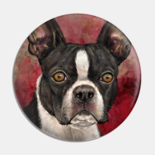 Painting of Black and White Boston Terrier on Burgundy Background Pin