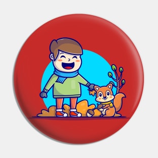 Happy Cute Boy with Cute Squirrel and Acorns Cartoon Vector Icon Illustration Pin