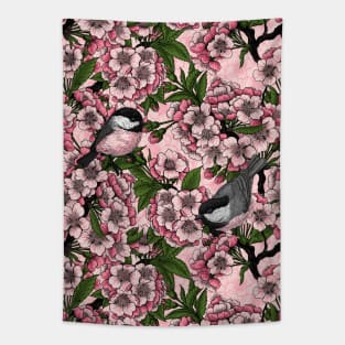 Cherry blossom and chickadees on pink Tapestry