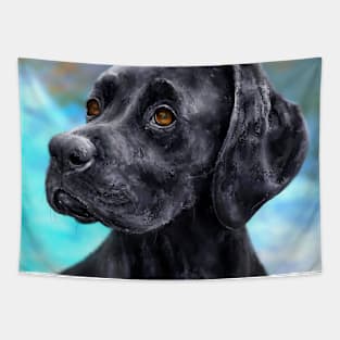 Painting of a Black Labrador on a Blue and Brown Background Tapestry