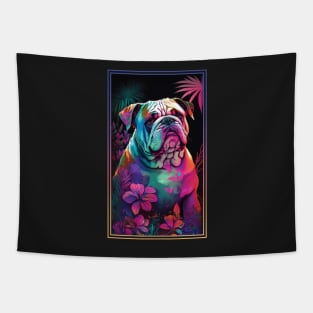 Bulldog Vibrant Tropical Flower Tall Digital Oil Painting Portrait Tapestry