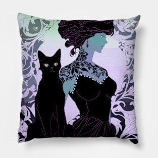 Woman and black cat (purple) Pillow