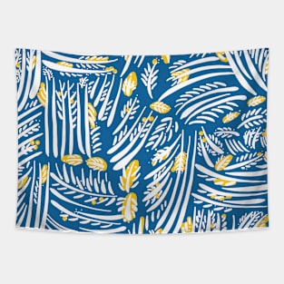 Organic Hand Drawn Foliage Dark Blue and Yellow Tapestry