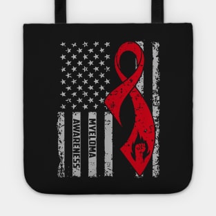 Myeloma Awareness 4th Of July American Flag Burgundy Ribbon In This Family No One Fights Alone Tote