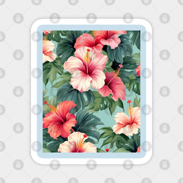 Pink and Red Hibiscus Pattern Magnet by EpicFoxArt