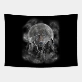 Three Wolves Howling - Full Moon with Wolf Silhouette Tapestry