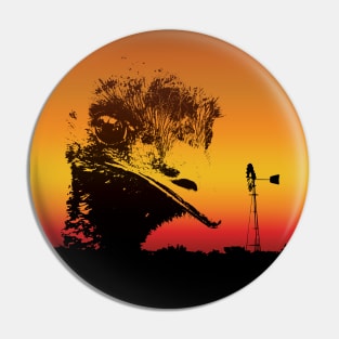 The Australian Native Animal Series: Emu - The Iconic Flightless Bird & Bush Windmill with the Sunset Colors of Golden Hour Pin