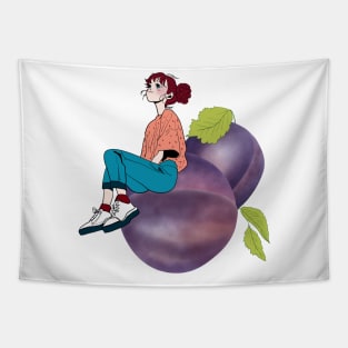A Little Girl Sitting on Giant Colorful Fruits Tapestry