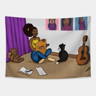 Digital art illustration of black woman studying Tapestry