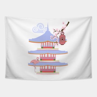 Flamingo Japanese Cherry Blossoms Tapestry