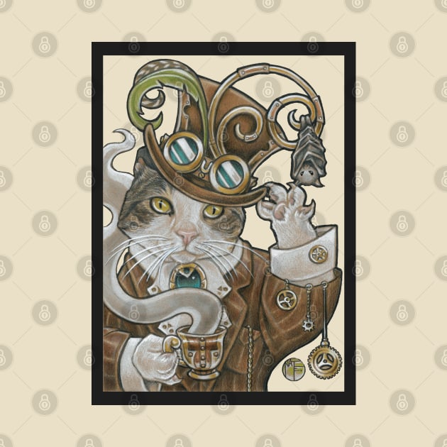 Steampunk Cat -Tea Party with Bat -Charoal Outline by Nat Ewert Art