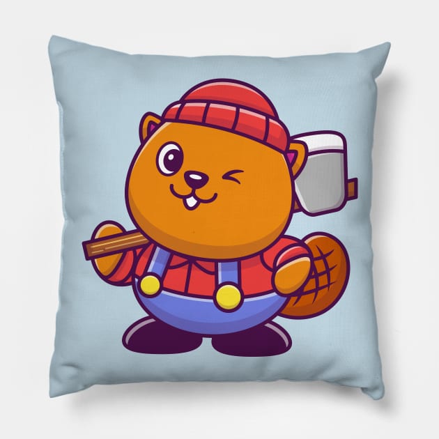 Cute Beaver Lumberjack Cartoon Pillow by Catalyst Labs