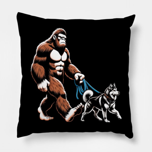 Bigfoot Walking Siberian Huskies Dog Tee Triumph for Dog Lovers Pillow by Kevin Jones Art