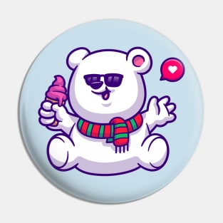 Cute Polar Bear Holding Ice Cream Cone Cartoon Pin