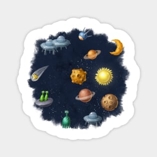 Outer space with aliens and planets. Magnet