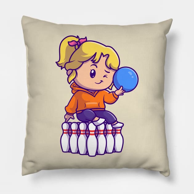 Cute Girl Playing Bowling Cartoon Pillow by Catalyst Labs