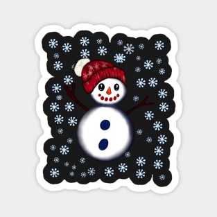Snowman in festive red winter hat among snowflakes - friendly snowman snug in a snowflake themed scarf Magnet