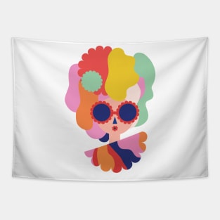 Cute t shirt, summertime happy vibrant colorful women with sunglasses by the beach for vacation Tapestry