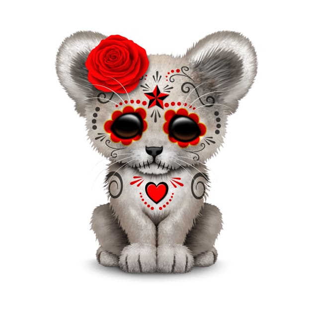 Red Day of the Dead Sugar Skull White Lion Cub by jeffbartels