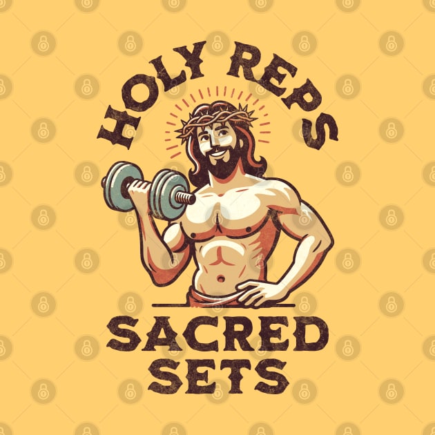 Jacked Jesus: Holy Reps & Sacred Sets. Funny Christian Religious Workout Fitness Weightlifting Humor by Lunatic Bear