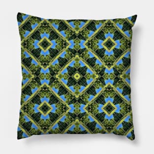 Mandala Kaleidoscope in Sky Blue, Green, and Yellow Gold Pillow